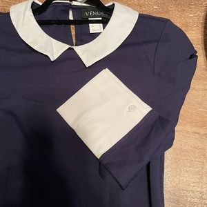 Venus stretch navy blue jersey women’s dress with white mock collar/cuffs Size S